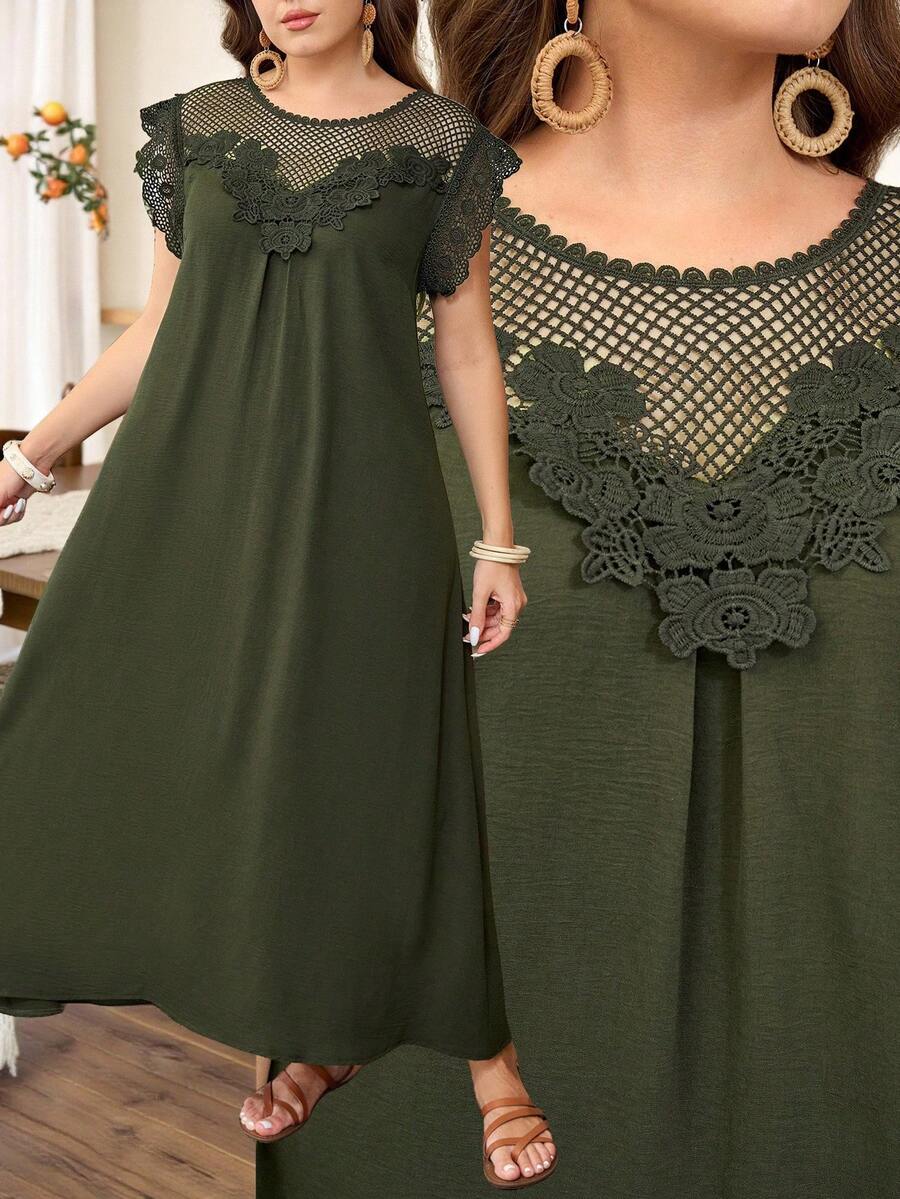 Lacomfia Đầm dáng rộng, tối giản, cổ tròn, tay cánh hoa, chất liệu ren, thích hợp cho mùa xuân/hè, cỡ lớn. - màu xanh lá - Xem 1