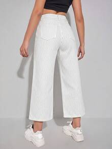 Women's Striped Colorblock Fashion Button Pocket Denim Cropped Pants - White - View 2