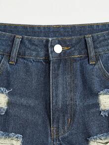 ROMWE Summer Vacation Daisy Floral Embroidered Distressed Denim Shorts - Blue - View 3
