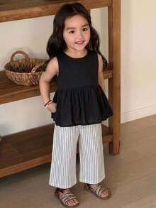Dazy Kids Baby Girl Sleeveless Round Neck Ruffle Hem Shirt And Long Pants Set Summer Toddler - Black - View 6