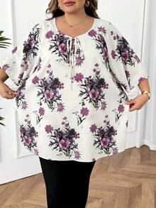 SHEIN CURVE+ CURVE PLUS /情人節/大尺碼女款領結領休閒百搭日常通勤中袖襯衫 - 紫色 - 查看 3