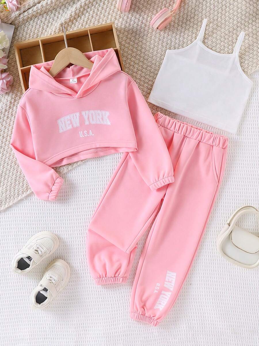 Elladie kids 少女字母印花連帽T恤長褲吊帶背心套裝