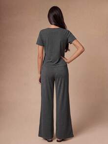 Lazeform Spring/Summer Women's Pajama Set, Simple & Comfortable Rayon, Exquisite Lace Waist Decoration, Suitable For Loungewear - Dark Grey - View 3