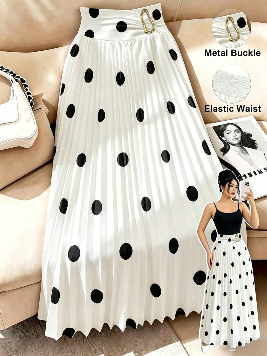 GlowEve CURVE Women Elegant Skirt Versatile Premium White Metal Buckle Decor Heavy Pleated Plus Size Women's Skirt Brunch Office Autumn Elegant - Black and White - View 1