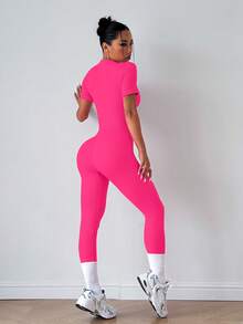 SHEIN Sports 女款拉鍊運動連身褲 - 玫紅色 - 查看 4