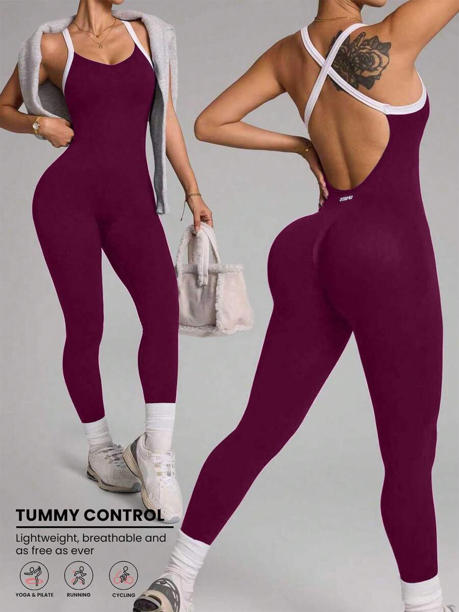 SHEIN Dewbera Mono deportivo de running sin costuras con tirantes cruzados y bloques de color para mujer - Rojo violeta - Ver 1