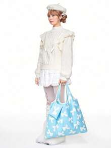 ROMWE Kawaii Bolsa de almacenamiento con estampado de lazos en toda la superficie, bolsa de compras plegable portátil de gran capacidad con monedero - Azul y blanco - Ver 2