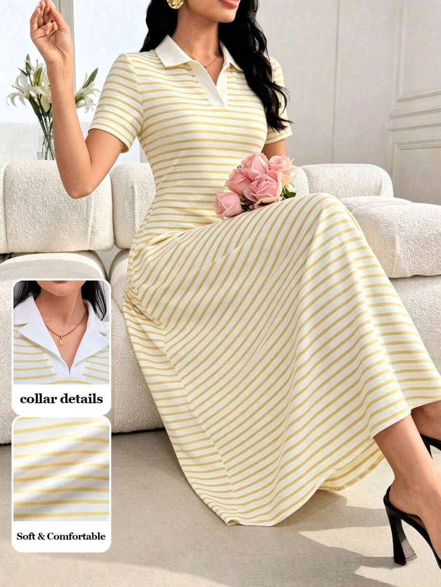 Modelyn Vestido feminino casual estilo executivo, listrado em amarelo e branco, comprimento midi com gola branca.