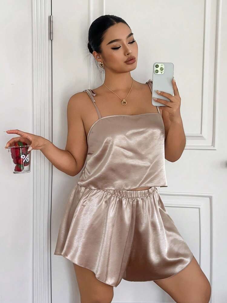 Dazy Plus Satin Fabric Fitted Camisole Top With Elastic Waist Asymmetrical Short Pajama Pants Elegant Plus Size Women's Spring Summer Sleepwear Set