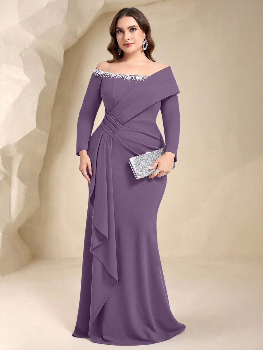 Coutiva Plus Size Women's Rhinestone Decorated Off-Shoulder Long Sleeve Pleated Design Elegant Formal Evening Gown (Intricate Craftsmanship) - Dusty Purple - View 1