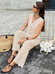 Serisse Women's Plaid Single-Breasted Vest And Pants Casual Elegant French Two Pieces Set Everyday Red And White Plaid Summer Brunch City Break - Khaki - View 6