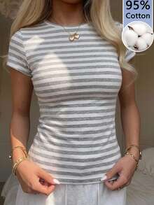 Tseoso 95%Cotton Women's Retro Gray/White Striped Short-Sleeve Tee - Summer Streetwear, Soft Girl - Multicolor - View 6