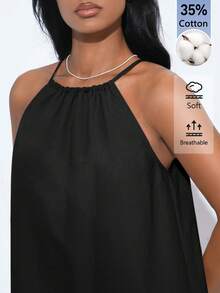 SHEIN BASICS 女款夏季休閒素色細肩帶中長洋裝 - 黑色 - 查看 7