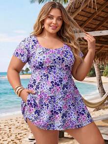 SHEIN CURVE+ 2026新款加大码女式短袖碎花泳装连衣裙吊带套装，适合夏季海滩度假 - 彩色 - 查看 1