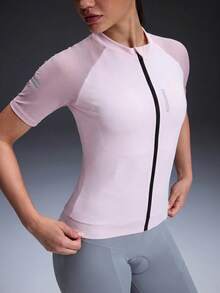 Powerista Women's Summer Mesh Patchwork Raglan Sleeve Zipper Cycling Jersey Top - Baby Pink - View 4