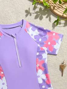 SHEIN 青少年女孩度假花卉印花插肩袖短袖短褲休閒坦基尼套裝 - 淡紫色 - 查看 3