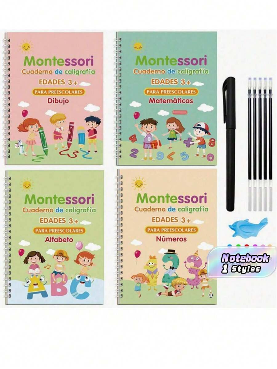 4 Spanish Handwriting Workbook, Montessori Reusable Educational Calligraphy Letters Practice Toy Edition Children's Handwriting Workbook - Multicolor - View 1