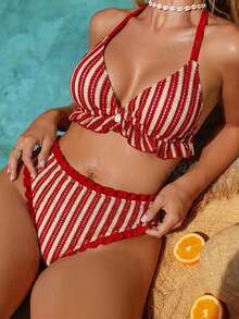Swim Vcay Atasan Bikini Segitiga Minimalis Ukuran Plus untuk Liburan - Red and White - View 3