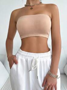 SHEIN 1 pieza Ropa interior cómoda sin tirantes de unicolor para mujer - Albaricoque - Ver 3