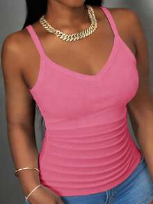 Slaydiva 2026 Spring/Summer New Arrival Casual Sexy Basic Versatile Solid Pink Ribbed, Party Going Out, Airport Outfits - Hot Pink - View 7