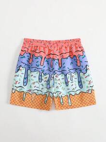 SHEIN Bañador con cordón en la cintura y estampado total para niño, adecuado para vacaciones de verano - Multicolor - Ver 2