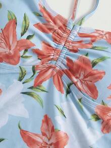SHEIN MOD 女款夏季海灘掛脖前褶皺花卉粉色上衣側綁帶三角比基尼 2件組泳衣 - 藍色 - 查看 3