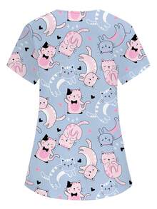 PopScrub Women's Blue V-Neck Short Sleeve Double Pocket Cute Cartoon Pattern, Cute Kitten Print, Nurse Doctor Work Uniform Top Health Checkup Scrub Uniform Pet Grooming Work Uniform Top Nutritionist Work Uniform Short Sleeve Lab Work Uniform, Multi-Pocket Functional Work Uniform, Functional Women's Holiday Clothing, Cute - Blue - View 2
