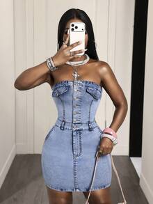 Slaydiva Robe en jean décontractée pour femme pour sorties - Bleu azur - Voir 7