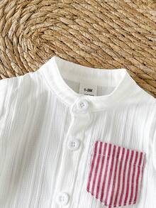 SHEIN Set Baju Bayi Laki-laki Baru Lahir Gaya Gentleman Lengan Pendek, Pakaian Kasual Musim Panas Sederhana dan Artistik untuk Beraktivitas di Luar Ruangan - Merah - View 5