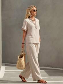 Faunlyn Women's Striped Notch V-Neck Short Sleeve Shirt And Pants Casual 2 Pieces Set - Khaki - View 7