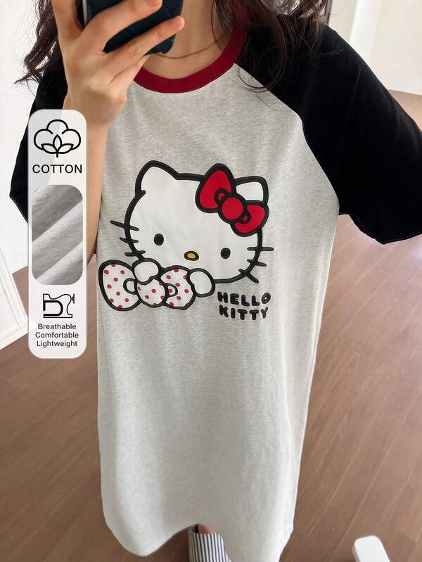 HELLO KITTY | DAZY قميص نوم نسائي فضفاض بأكمام راجلان وطبعات فراشة ونقاط بألوان متباينة