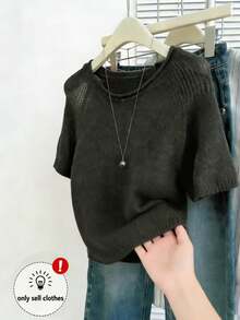SHEIN Top tricoté classique à col rond et manches courtes - Gris foncé - Voir 3