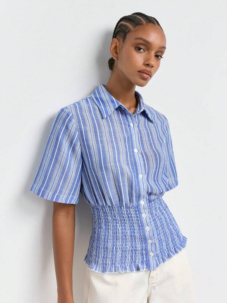 SHEIN Maija Women's Summer Casual Striped Petal Sleeve Waist-Defining Shirt,Going Out Outfits,Summer Holiday Outfits