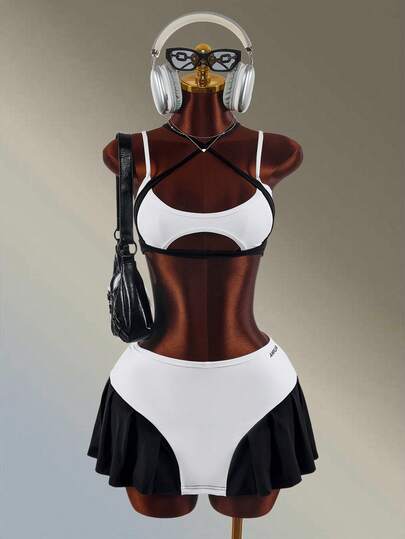 Amplova Women's Colorblock Hollow Out Ultra Short Camisole Skirt Sports Set