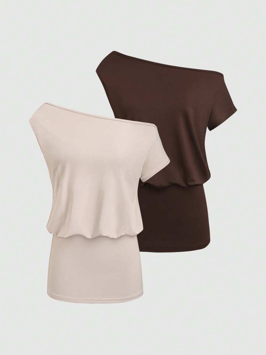 Sweetra Women's Solid Color Asymmetric Neck Casual Basic Fitted Short Dress Brunch Daytime Holiday Pink Chocolate Brown Summer - Multicolor - View 1