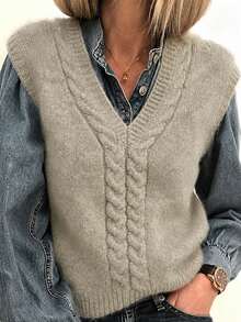 SHEIN Holidaya Plus-Size Women's Spring/Fall Casual Wear: Simple, Versatile, And Retro-Inspired. Solid-Color, Chunky-Knit Cable-Pattern V-Neck Loose-Fit Plus-Size Knit Vest-Perfect For Spring And Fall - Grey - View 3