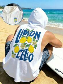 Manfinity Dauomo Men's Casual Vacation Style Lemon Print Hooded Tank Top , White , Suitable For Summer And Vacation Wear , Exquisite Design , Summer Essential , Fashionable, Showcasing Personalized - White - View 1