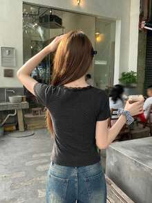 DAZY 女款韓式圓領波點優雅青春短袖蝴蝶結襯衫 夏季可愛上衣 - 灰色 - 查看 2