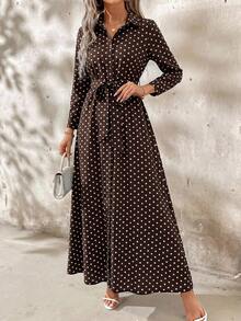 SHEIN Clasi 女款圓點圖案長袖單排扣襯衫洋裝 - 棕色 - 查看 5