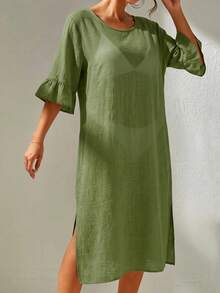 Swim Basics Women's Solid Color V-Neck Ruffle Sleeve Mask Dress For Vacation - Army Green - View 3