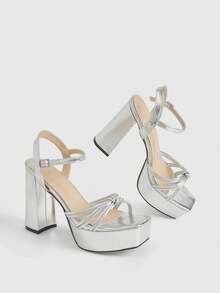 CUCCOO LuxiPop Women's High-Heeled Sandals Sexy Nightclub Style, Night Out Party, Summer Wear, Travel Essentials, Thick-Soled Thick Heels - Silver - View 3