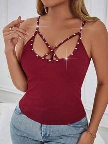 Glamine Top de tirantes acanalado con strass y diseño calado con tiras cruzadas para mujer - Rojo - Ver 4