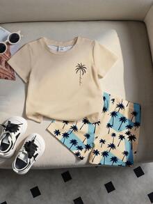 SHEIN Playful Pals RANDOM 1套男嬰休閒套裝，彩色度假簡約時尚經典款，圓領椰子樹字母印花T恤搭配同款短褲，全身椰子樹圖案拼色印花，適合春夏季外出、度假等 - 彩色 - 查看 3