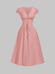 Skyraze Vestido midi elegante y dulce para mujer con mangas abullonadas y cintura anudada - Rosa - Ver 8