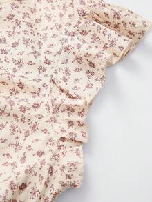 Linhara Plus Size Women's Beige Patchwork Flutter Sleeve Ditsy Floral Loose Fit Dress Dinner Vacation Summer Boho Capsule Wardrobe - Multicolor - View 4