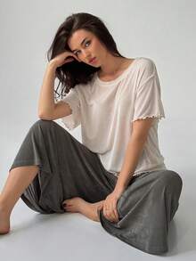 DAZY 女款純色圓領上衣與長褲休閒日常居家服套裝 夏季睡衣 - 杏色 - 查看 9