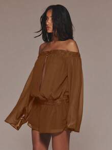 MUSERA Bardot 一字領蕾絲飾邊喇叭袖連身短褲 秋季度假節日風 優雅性感 適合夜店約會 奢華海灘派對 咖啡棕色 - 棕色 - 查看 4