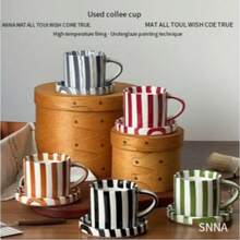 Hand-Painted Ceramic Coffee Cup & Plate Set - Nordic Vertical Stripes Mug, Creative Line Pattern Tea Breakfast Cup. Gift Box Packaging, Perfect Birthday & Holiday Gift For Family & Friends. - Multicolor - View 3