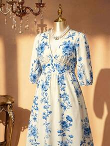 Rometta Women's Plus Size Deep Shirred Mid-Length Lantern Sleeve Cinched Waist Back Ruched Bow Tie Full Skirt Floral Print Beige Flower Long Dress - Blue - View 6
