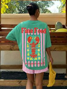 Comfortcana Oversize T-Shirts Casual Minimalist Shrimp Pattern Crew Neck Short Sleeve Ultra Loose Plus Size T-Shirt, Beach Holiday Vacation Mint Green Summer - Green - View 12